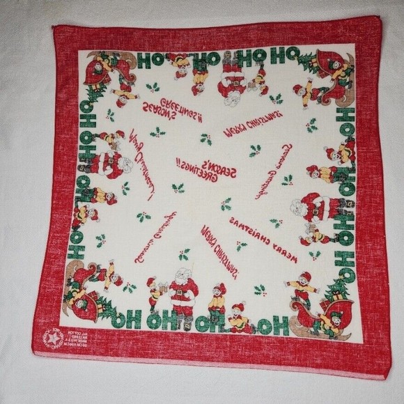 Vintage Christmas Bandana Hankie Lot of 3 USA Made Square 21" Santa Claus - Picture 3 of 12